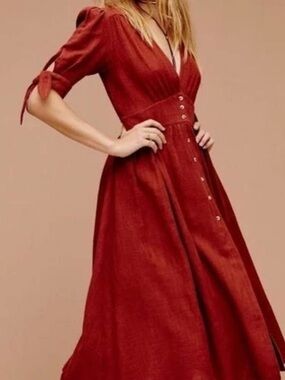 Free People Love Of My Life Midi Dress Red Cotton Gauze Tie Sleeve Small